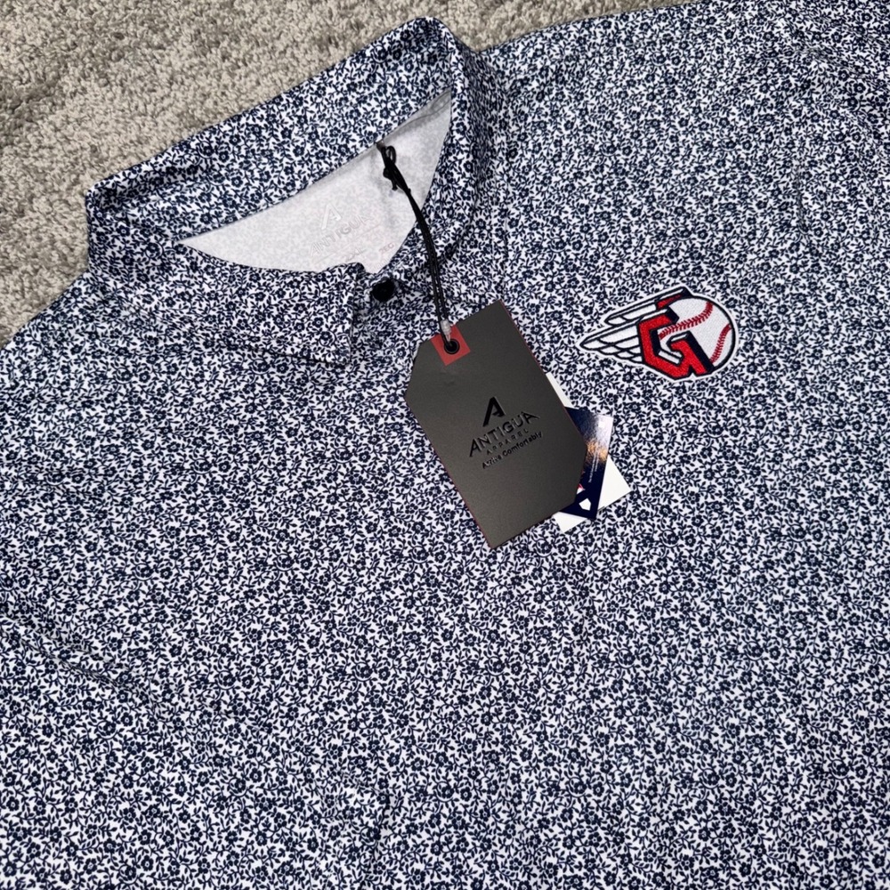Cleveland Guardians Antigua Field Ditsy Polo Mens Stretch White Navy 2XL NEW
